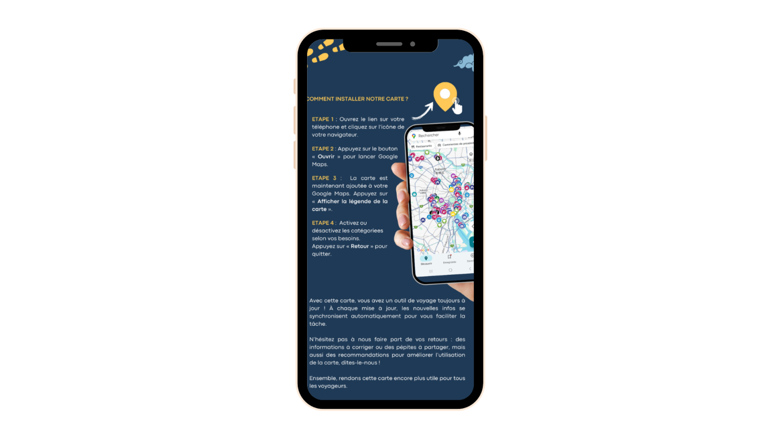 Interface mobile montrant les étapes pour installer une carte interactive sur Google Maps, conçue pour les voyageurs à Tokyo, avec une présentation visuelle claire.