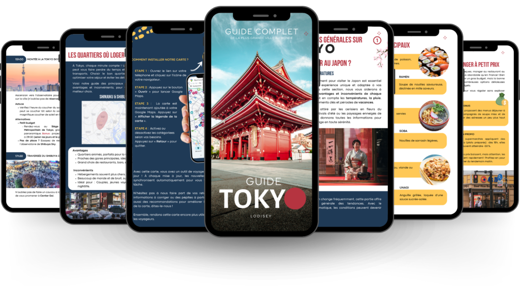 Aperçu du Guide Tokyo sur smartphones, présentant des sections clés telles que les itinéraires, les quartiers, la gastronomie, et une carte interactiv