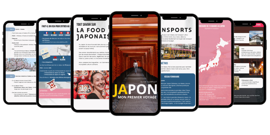 Aperçu du contenu du guide ebook Japon de LODISEY, avec itinéraires, food, transports, carte interactive et conseils pratiques pour un premier voyage