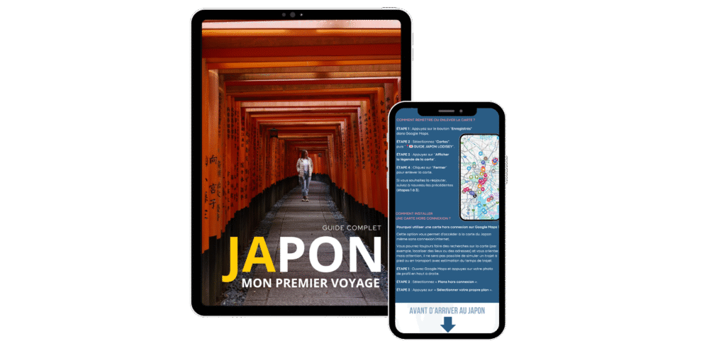 Mockup du guide Japon de LODISEY affiché sur tablette et smartphone, avec couverture et aperçu de la carte interactive Google Maps
